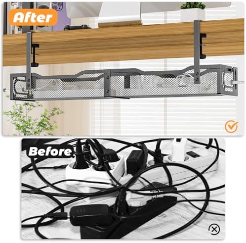 Under Desk Cable Management Tray, No Drill Steel Desk Cable Organizers, Wire Management Tray Cable Management Rack (24.4" Length-Black)