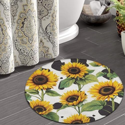 Machine Washable Modern Round Area Rug, Room Sofa Yoga Soft Round Carpet, Home Decor Non Slip Kitchen Office Circle Rug 80s Vintage Cow Print Sunflowers, 36inch
