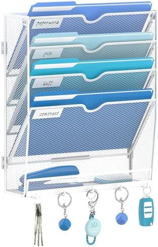 5-Tier Wall File Organizer and Mail Organizer with 5 Hooks, White