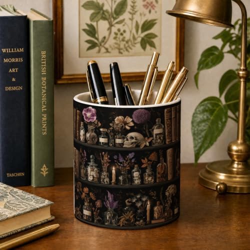 Pen Holder for Desk Ceramic Pencil Cup, Cute Makeup Brush Desk Organizer, Desk Accessories, School Supplies, Teacher Appreciation Gifts, Birthday Christmas Gift for Women (Book Skulls)