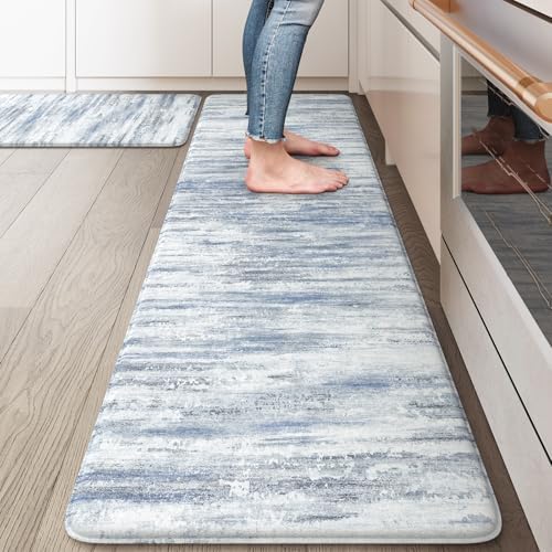 KIMODE Kitchen Mats for Floor,Abstract Kitchen Rugs Sets of 2 Blue Carpets