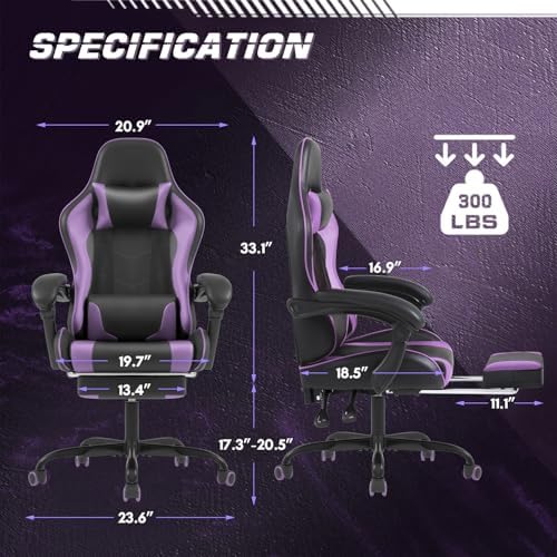 Shahoo Gaming Chair with Footrest and Massage Lumbar Support, Computer Chairs, Video Racing Seat Height Adjustable with 360°Swivel and Headrest for Office or Bedroom, Purple