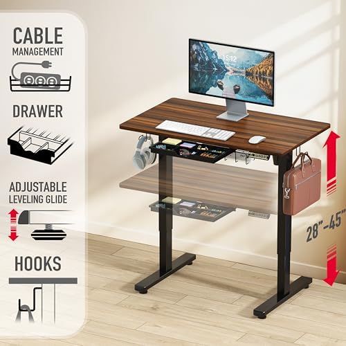 SHW 40-Inch Electric Height Adjustable Standing Desk w/Drawer, Walnut