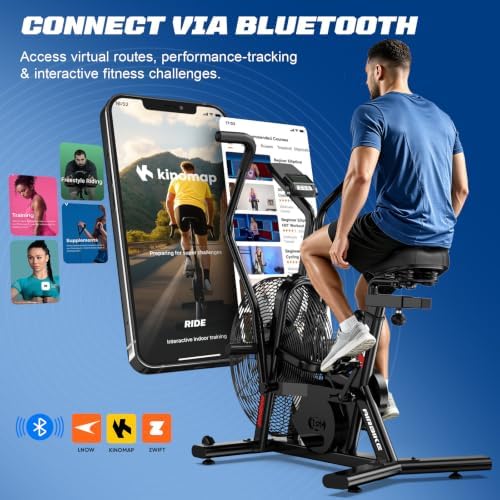 pooboo Air-Resistance Exercise Fan Bike, Air Bike with Dual Acction Handlebars&Dual-Layer Transmission System, Stationary Bike with APP Connection for Home Gym HIIT Cardio Full Body Workout