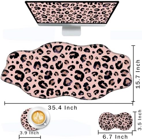 Mouse Pad with Wrist Support + Desk Mat + Coaster 3 in 1 Set, XXL Large Gaming Mousepad Ergonomic Mouse Pads for Desk Computer Laptop Office,Cute Leopard
