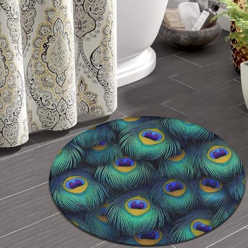 Large Machine Washable Circular Rugs, Home Decor Round Mat for Living Room Sofa Office Peacock Feathers