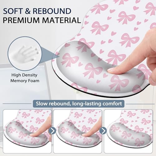 Cute Bow Wrist Rest Mouse Pad and Keyboard Support Set,Pink Heart 3 in 1 Ergonomic Memory Foam Mousepad with Non Slip Base, Gaming Mouse Pad for Office and Home