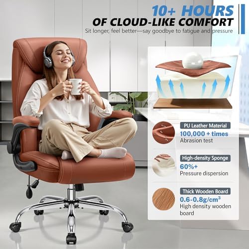 BestGlory Executive Office Chair with Lumbar Support, Big and Tall Ergonomic Computer Desk Chair, Leather Comfy High Back Gaming Chair with Flip Up Arms & Rocking Function for Home Office, Brown
