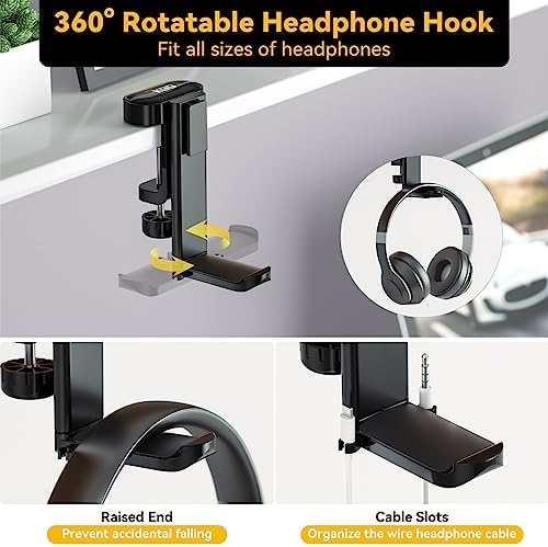 KDD 4 in 1 Desk Cup Holder - Clamp on Under Desk Headphone Hanger - Rotating Headphone Holder Detachable Pen Cup Holder Desktop Storage for Cup, Phone and Pen(Black)