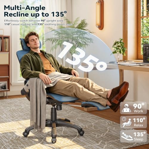 Ergonomic Office Chair with Footrest – High Back Executive Mesh Desk Chair for Corporate & Home, 135° Recline Task Computer Chair with Flip-Up Arms, Wide Seat, Class-4 Cylinder, 300 LBS - GY01BL-FT