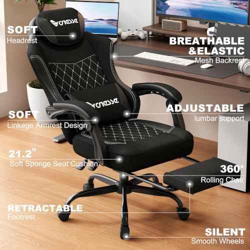 Vonesse Gaming Chair, Desk Chair with Linen Breathable Mesh Fabric, Office Chair with Adjustable Lumbar Support, Computer Chairs with Footrest and Headrest (Black)