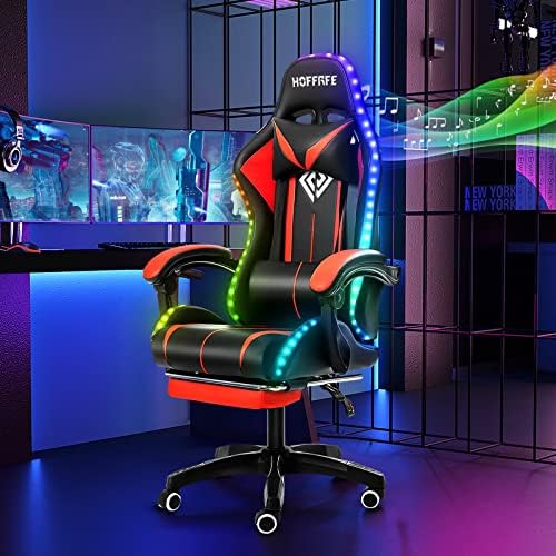 HOFFREE RGB Gaming Chair with Speakers Massage LED Lights Game Chair-Red