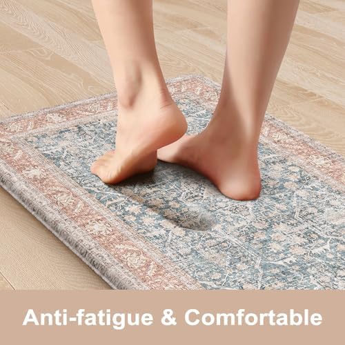 KIMODE Anti Fatigue Kitchen Mat,Farmhouse Kitchen Rug Sets of 2 Orange Blue