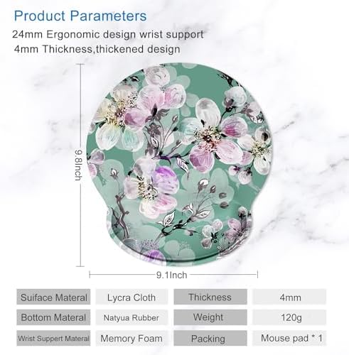 ITNRSIIET Ergonomic Mouse Pad with Wrist Support Wrist Rest Smooth Surface Non-Slip Rubber Base Comfortable Office Supplies Pain Relief, 9.8 x 9.1 inches, Beautiful Flower Art