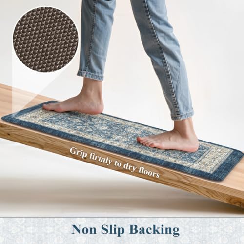 KIMODE Anti Fatigue Kitchen Mats, Boho Vintage Blue Kitchen Rugs Sets of 2