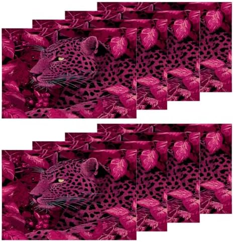 Shrahala Cute Leopard Placemats, Amaranth Leaves Pink and Black Table Mat Linen Burlap Washable Double-Deck Heat Insulation for Dining/Kitchen Table Set of 8 (12 X 18 Inch)