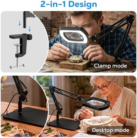 MoKo 15X 30X Magnifying Glass with Light and Stand, Magnifying Desk Lamp with Clamp, 5 Color Modes Stepless Dimmable LED Lighted Magnifier, Desk Magnifier for Close Work, Reading, Crafts, Black