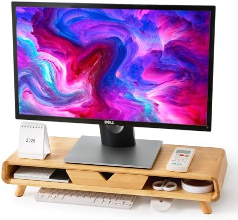 Homerays Bamboo Monitor Stand Riser, No Assembly Required Exquisite Monitor Stand with Drawer Ergonomic Height Wood Monitor Stand