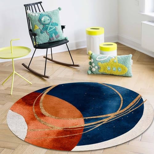 Navy Blue Burnt Orange Round Area Rugs, Boho Art Modern Geometric Non-Skid Children Playing Mat, 4ft Soft Circle Farmhouse Rugs for Living Room, Bedroom, Dining Room