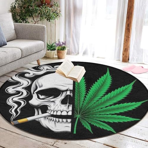 Women's Large Home Decor Mat, Soft Round Yoga Carpet, Non Slip Machine Washable Home Office Circle Rug Pot Leaf Weed Skull Smoking