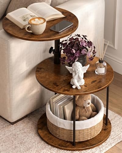 Faesun Swivel Round Table for Couch Arm, Height Adjustable C Shaped End Table for Recliner or Bed, Tv Trays with Storage Shelf for Small Spaces- Small Nightstand for Living Room, Bedroom, Rustic