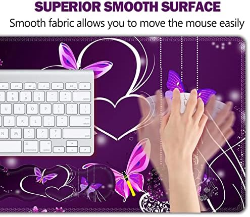 Upgraded Extended Gaming Mouse Pad, Keyboard Wrist Rest Pad, Wrist Support Mousepad Set, Artso Large Rubber Base Stitched Edges, Multifunctional Desk Pad (35 x15.5 in), Purple Heart Butterfly