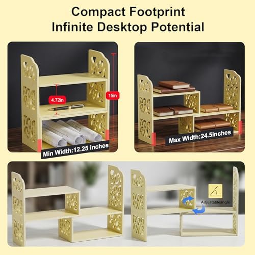 YGYQZ Adjustable Desktop Shelf Organizer, 3-Tier Desk Shelf, Beige Pattern