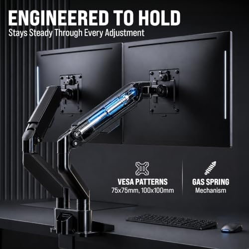 EVEO Premium Dual Monitor Mount 14"-32” Dual Monitor Arm VESA Bracket Adjustable Height Gas Spring Dual Monitor Stand, Screen Full Motion Dual Monitor Arm-Computer Monitor Stand for 2 Screens - Black