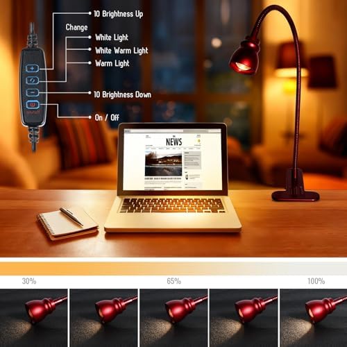 Zoomable Clip on Light, Clamp Reading Light for Dorm Bed Headboard, Dimmable Spotlight with 3 Color Temperature Options, 10 Dimmable Brightness Levels, Adjustable Beam Angle (Red)