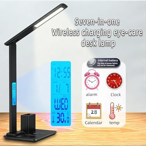 IHAO 7in1 Smart Desk Lamp with Wireless Charger & Digital Clock | 15W Fast Charging for Phone & Earbuds, Time/Date/Temp Display, Alarm, 3 Light Modes, USB Port, Detachable Pen Brush Pot-HYT1771 Black