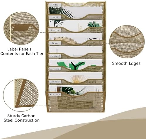 EasyPAG 8 Pocket Mesh Wall File Organizer, Hanging Paper Folder Holder with Classify Label, Vertical Wall Mount Mail Organizer for Office Home Classroom, Gold
