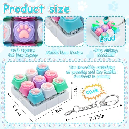 Cat Paw Keyboard Fidget Toy,Keyboard Fidget Keychain 9-in-1 Keyboard Decompression Button Finger Clicker Toys,Cute Soft Click Buttons Fidget Toy ADHD Sensory Fidget Toys Stress Relief Gifts(Colorful)