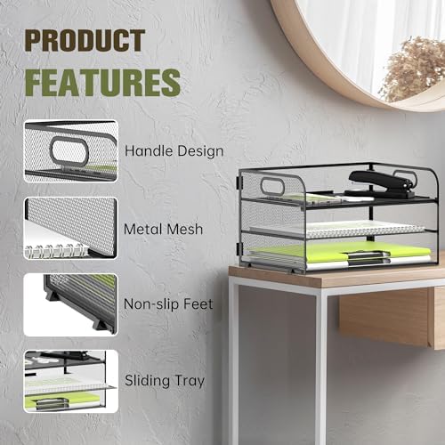 DALTACK 3 Tier Paper Organizer for Desk, Sliding Paper Trays, Black