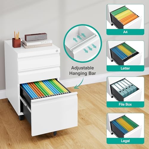 3 Drawer File Cabinet with Lock,Under Desk File Cabinet with Wheels,White Rolling Filing Cabinets,Three Drawer Metal Filing Cabinet for Home Office,Fit A4/Letter/Legal File,- Assembly Required