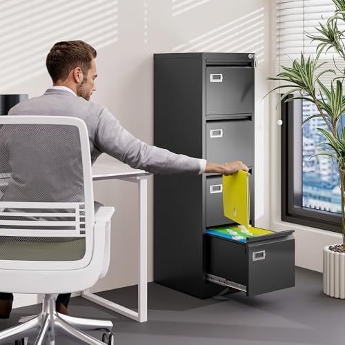 BYNSOE 4 Drawer File Cabinet with Lock Metal Vertical File Cabinet Office Home Vertical File Cabinet for A4 Legal/Letter Size Narrow File Cabinet Locked,Assembly Required