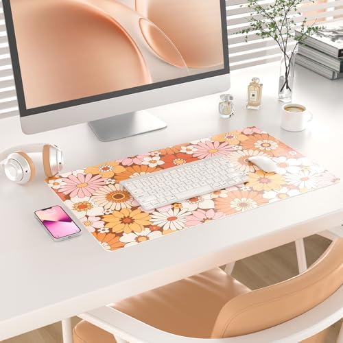 Faux Leather Large Mouse Pad, Office Desk Mat, 23.6"x13.8", Retro Flowers