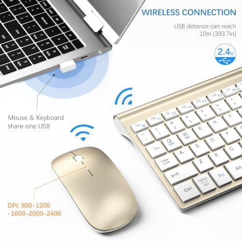 Wireless Keyboard and Mouse Ultra Slim Combo with Dual System - Gold White