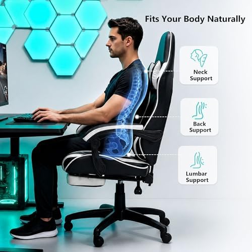Big and Tall Gaming Chair with Footrest, Ergonomic Computer Desk Chair with Lumbar Support & Headrest, High Back PU Leather Gaming Office Chair, Reclining Swivel Task Chair for Office or Gaming