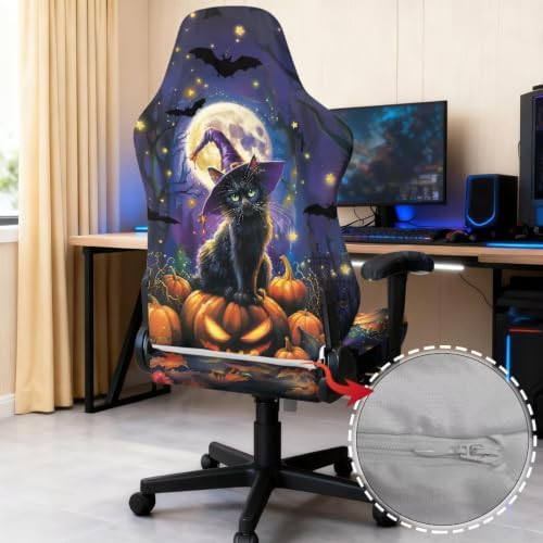 Halloween Gaming Chair Protector Slipcover 4-Piece Fits Office/PC Boss Recliners Anti-Scratch Washable with Zipper for Living Room Witch Black Cat Pumpkin