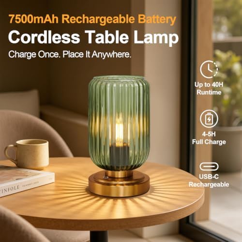 LightRound Cordless Table Lamp for Bedroom, Touch Stepless Dimmable