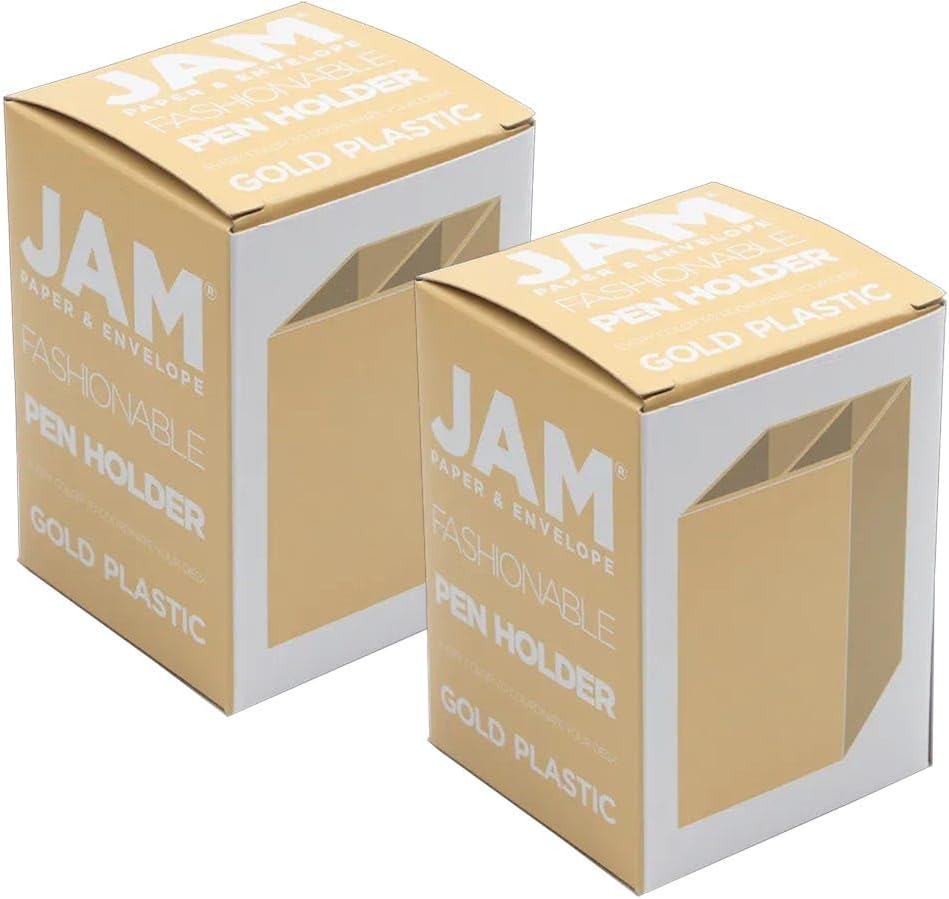 JAM PAPER Plastic Pen Holders - Gold Desktop Pencil Cups - 2/Pack
