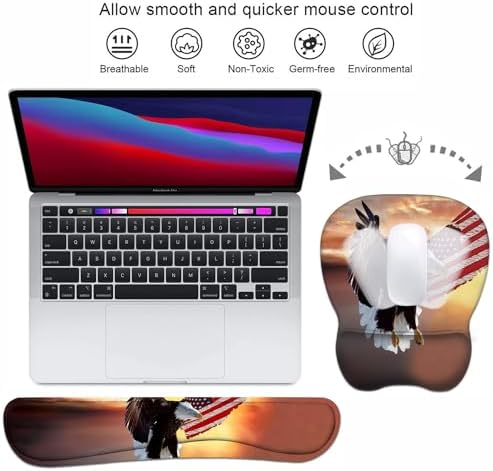Ergonomic Mouse Pad Wrist Support and Keyboard Wrist Rest Set with Coasters, Non-Slip PU Base, Easy Typing & Pain Relief, Perfect for Home Office Working Studying, Patriotic American Flag Bald Eagle