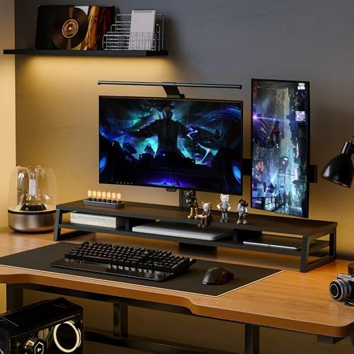Fenge Dual Monitor Riser for Desk, Open Shelf with 3 Storage Compartments