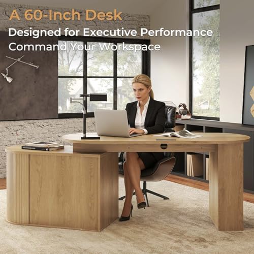 HSH L Shaped Office Corner Desk with Storage Cabinet for Home Oak 60 Inch