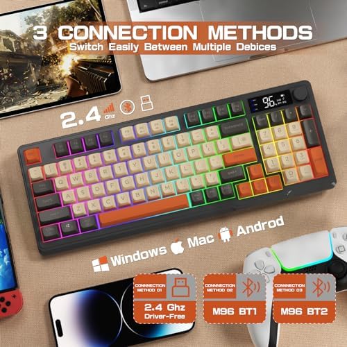 LexonElec M96 Wireless Gaming Keyboard,Knob Control Bluetooth/2.4G Wireless Mechanical Feeling Keyboard,RGB LED Backlit with Display Screen, PBT Keycap,3000mAh, 94-Key Layout for Win/Mac (Shimmer)