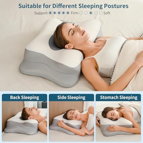 Cervical Neck Pillow for Pain Relief, Contour Memory Foam Pillows for Sleeping, Ergonomic Pillow Orthopedic Cooling Pillow Bed Pillow Neck Support for Side Back Stomach Sleepers (Lighr Grey)