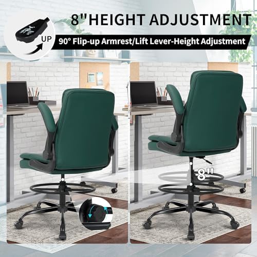 Misolant Drafting Chair, Tall Office Chair for Standing Desk, High Leather Executive Office Chair with Adjustable Height and Flip-up Armrest for Counter Height Desk Green