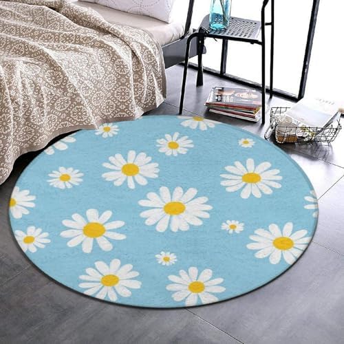Large Machine Washable Circular Rugs, Home Decor Round Mat for Living Room Sofa Office Sky Blue White Daisy Flowers