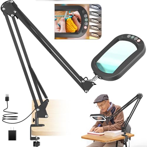 16" Extra Long Magnifying Glass with Light and Clamp, Real Glass, 5 Color Modes, Stepless Dimmable, Lighted Magnifier with Stand Hands Free, LED Swing Arm Desk Lamp for Close Work, Craft, Black