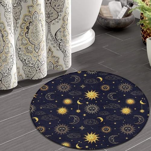 Large Machine Washable Circular Rugs, Home Decor Round Mat for Living Room Sofa Office Compatible with Sun Moon Boho Astrology